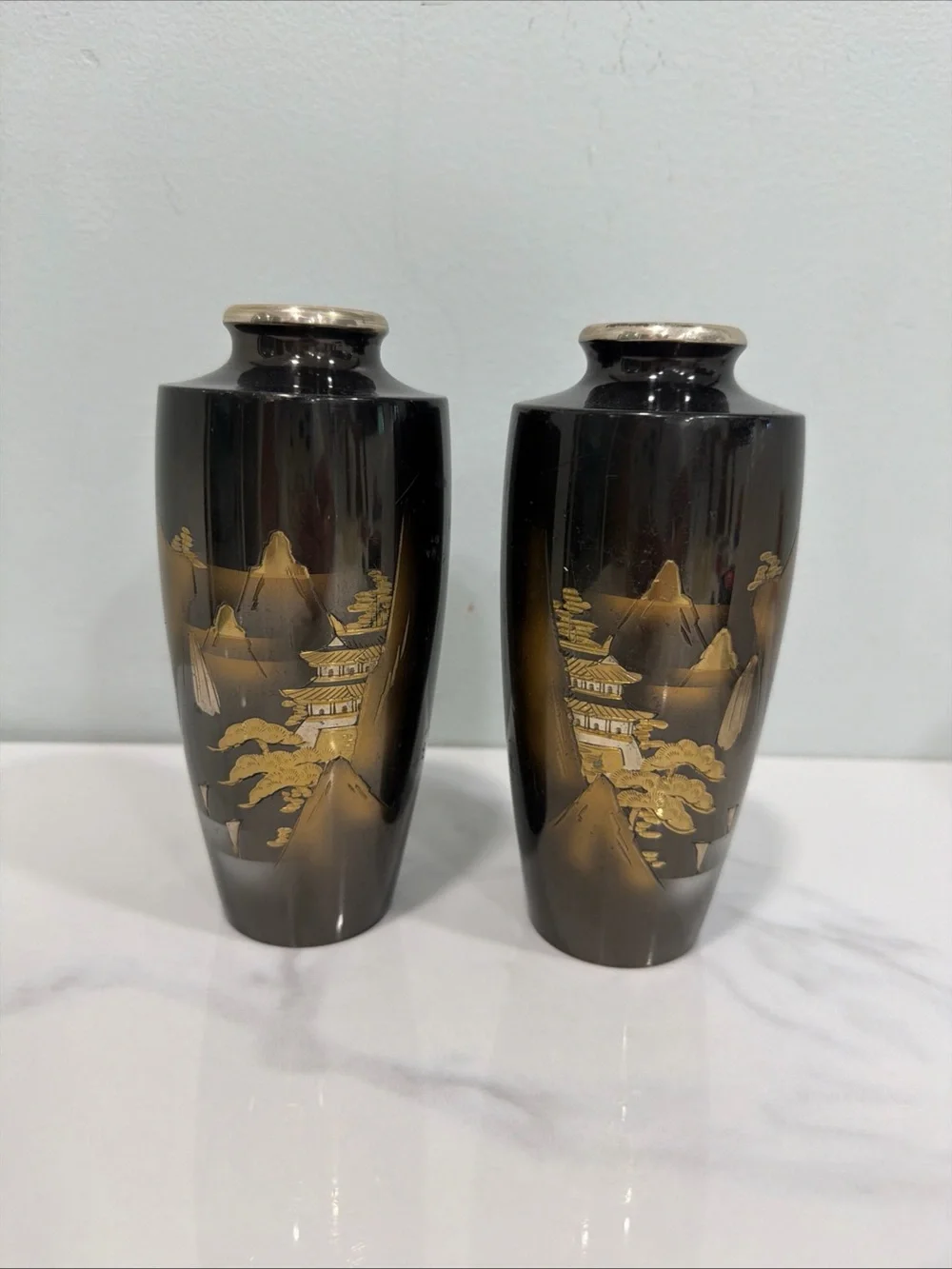 Black and Gold Decorative Ceramic Vases - Pair